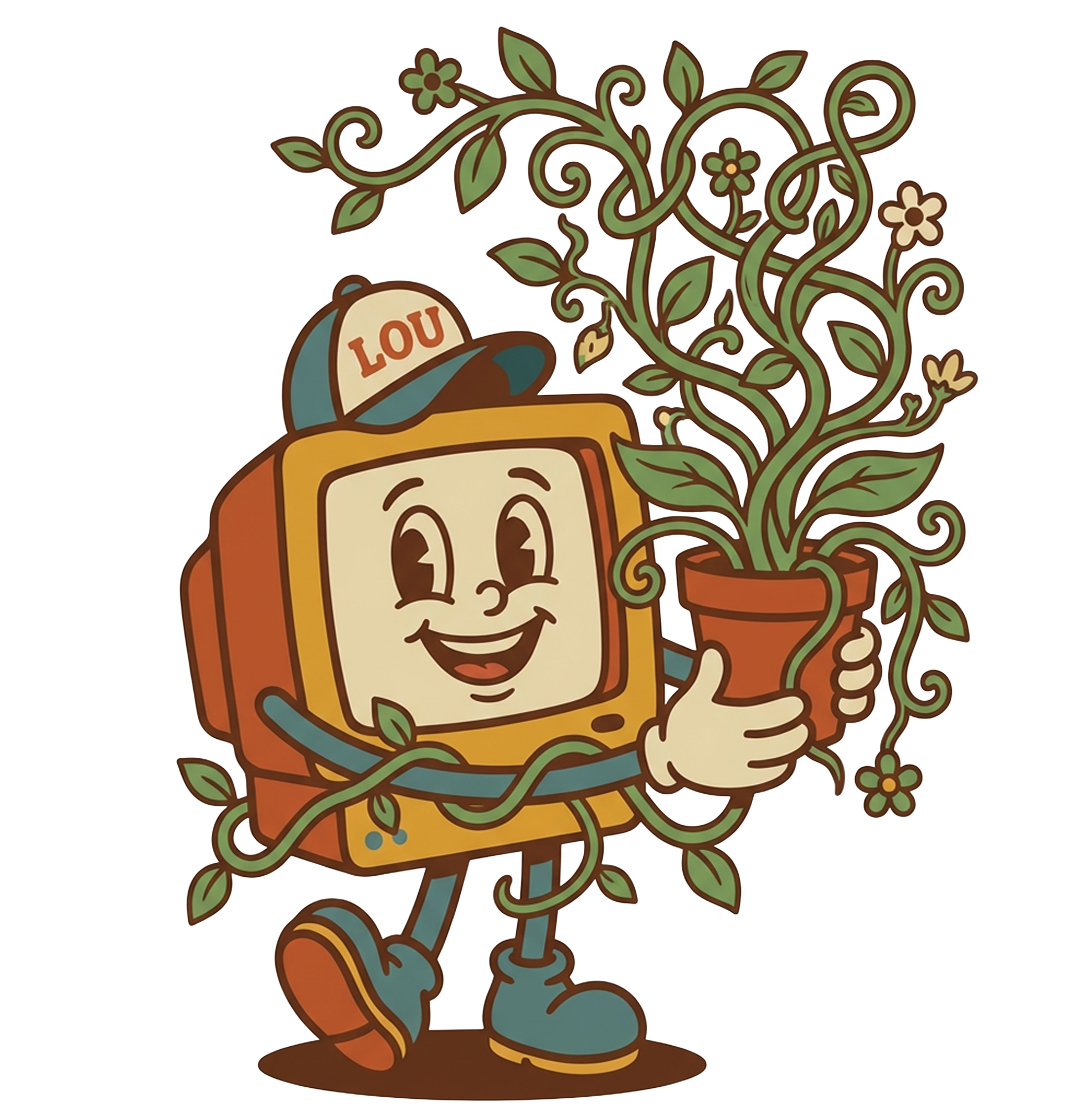 Lou mascot with a flourishing vine plant