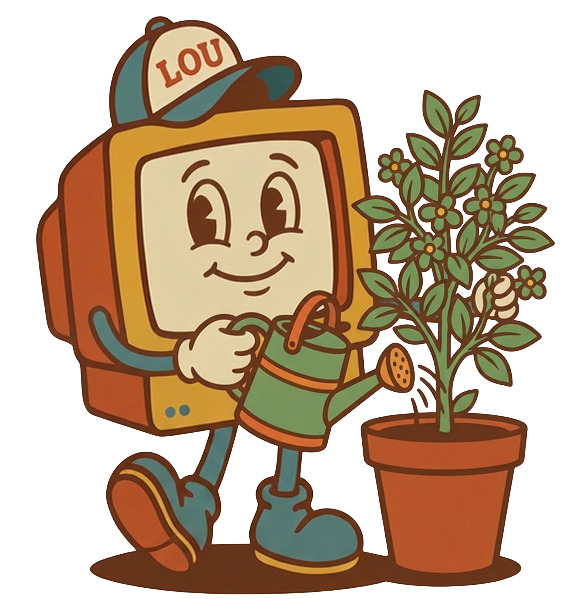 Lou mascot watering a flourishing plant