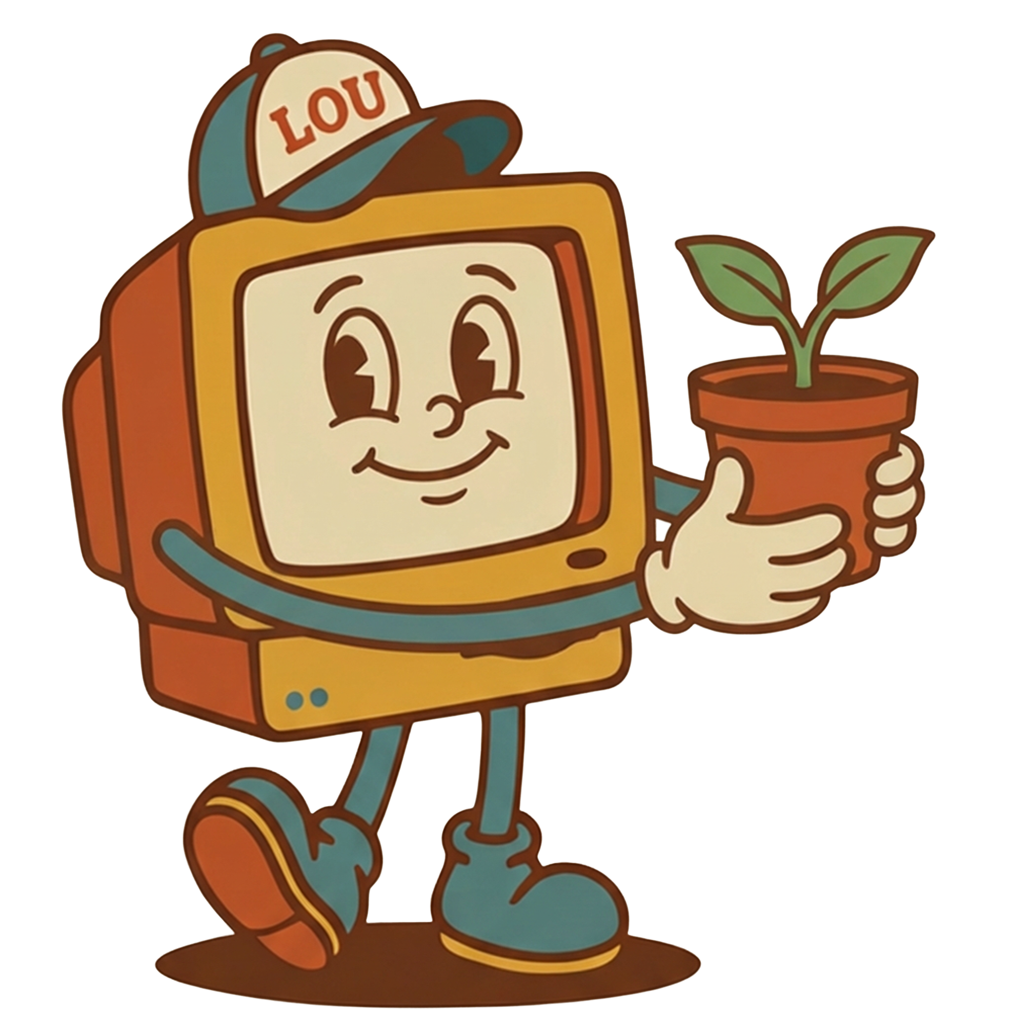 Lou mascot holding a seedling plant