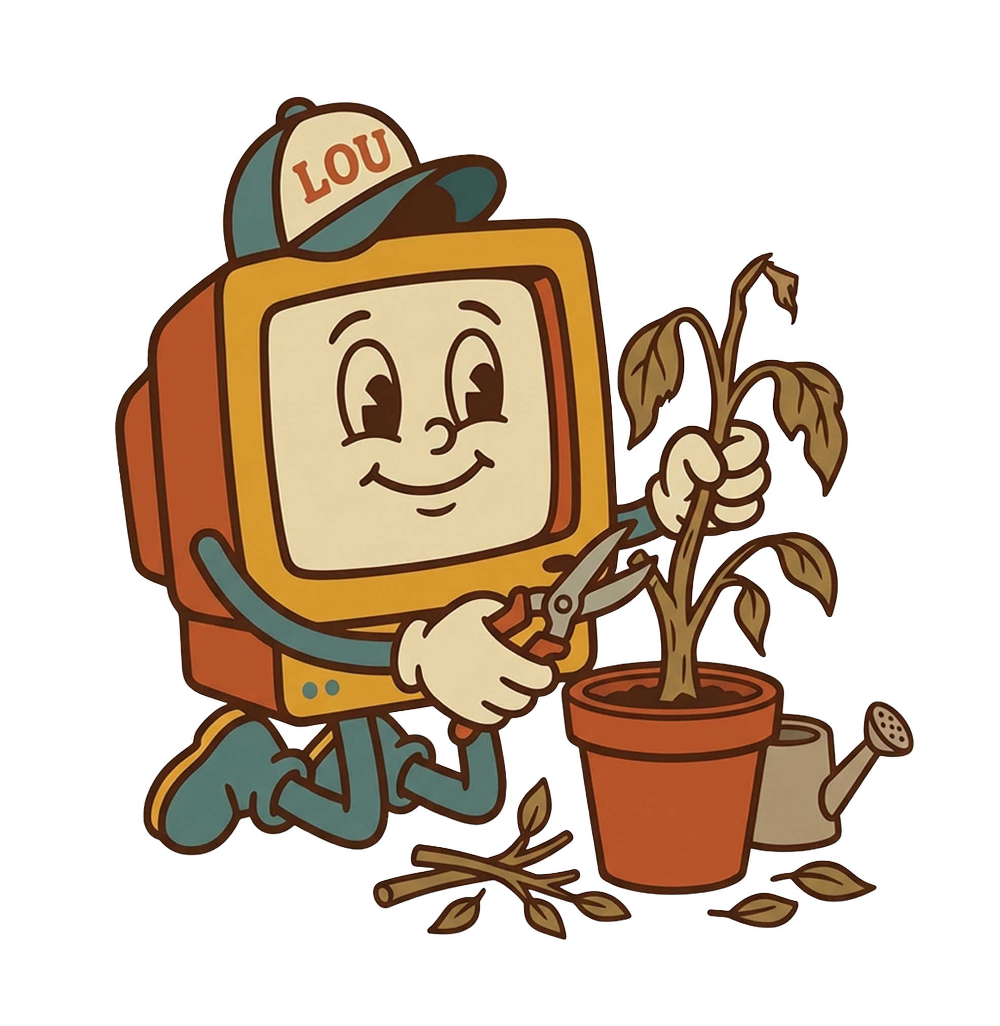 Lou mascot pruning a wilted plant