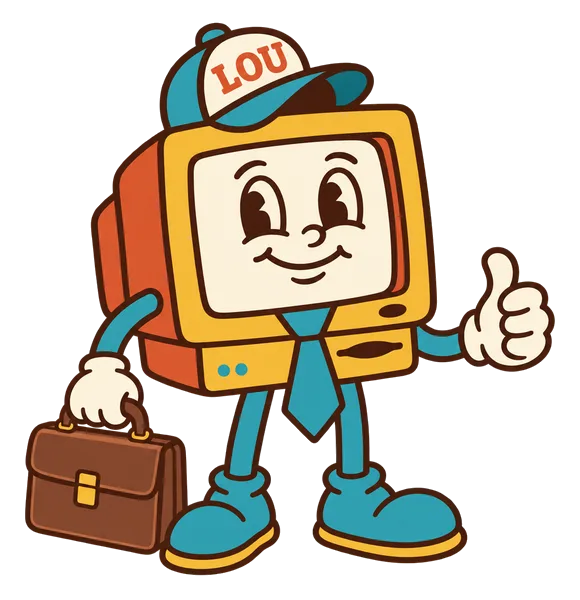 Lou the Louisville Web Guy mascot in a suit and tie
